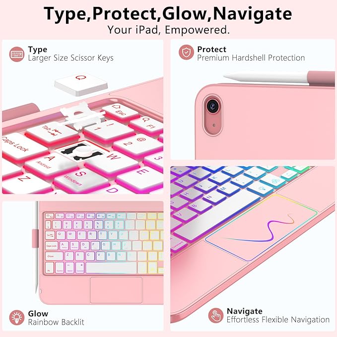 Touch Keyboard Case for iPad A16 11th Generation 2025/10th Generation 10.9 inch 2022,360° Rotatable for iPad 10th Generation Case with Keyboard- 10 Color Backlight Keyboard Case with Pencil Holder