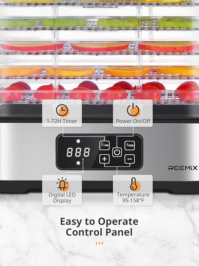 Reemix 5-Tier Compact Food Dehydrator - BPA-Free Trays, Stainless Steel Base, Touch Control LCD Display for Temperature/Time Adjustment, Home Use Dryer for Fruits, Veggies & Jerky