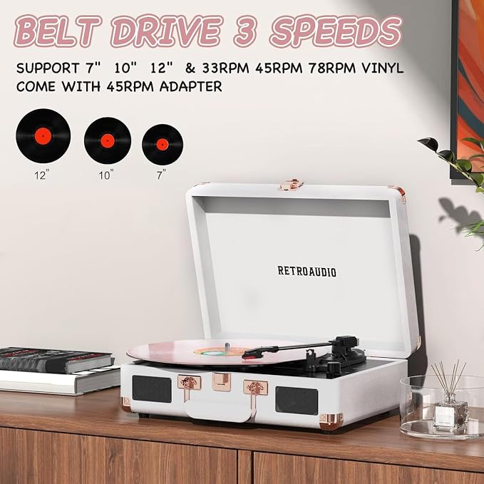Vinyl Record Player with Built-in Speakers 3-Speed Vintage Record Player Bluetooth Portable Suitcase Turntable Belt-Driven LP Player Support RCA Output and Headphone Output (White Rose Gold)