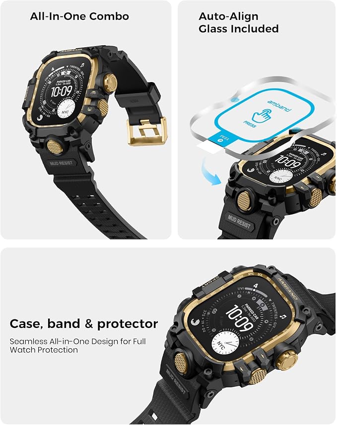 amBand Rugged Case with Band for Apple Watch Ultra 3/2/1 49mm, M3 Military Grade Shockproof Cover, Includes Screen Protector Kit, Tactical Band for Men - Compatible with iWatch Ultra, Black Gold