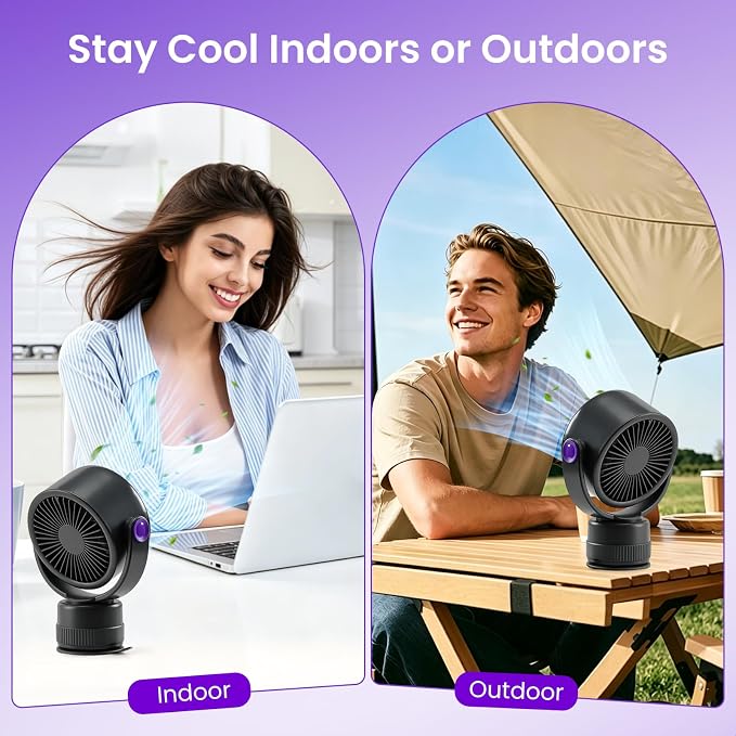 Desk Fan - 120° Oscillating Portable Table Fan, Rechargeable Wall Mount Air Circulator with Twist-Lock Suction Cup for Kitchen, Bathroom, Office and Travel, Black