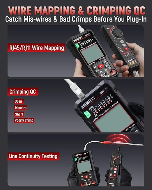 KAIWEETS 3-in-1 Multimeter & Cable Tracer Kit, Auto-Ranging Digital Multimeter with True RMS 4000 Counts, RJ45/RJ11 Wire Tracing & NCV Voltage Detector for Electricians, Home DIY & Auto Repair KMF-01