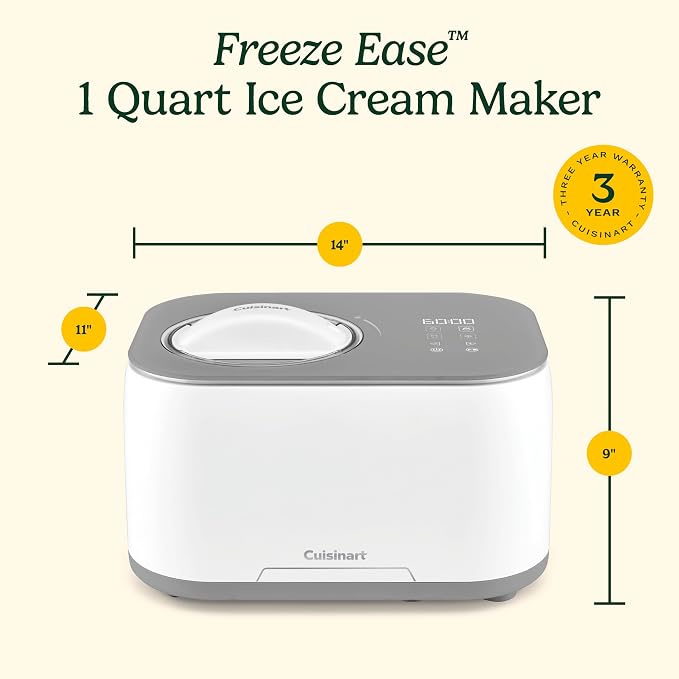 Cuisinart Freeze Ease 1 Quart Ice Cream Maker – Automatic Ice Cream, Frozen Yogurt and Sorbet Machine with Presets, No Pre-Freezing, Compact Countertop Design, ICE-90