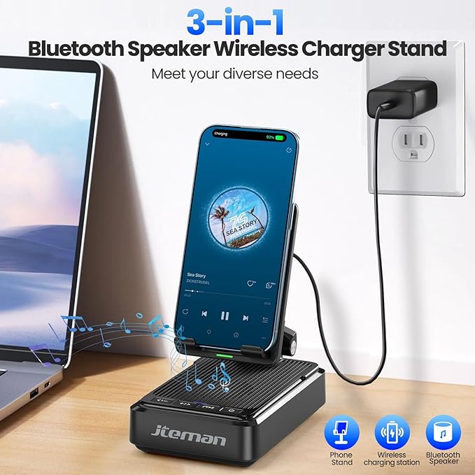 Jteman Cell Phone Stand with Bluetooth Speaker and Wireless Charger, Desktop Charging Station Stand Speaker for iPhone, Christmas Birthday Gift for Men Women (Black)