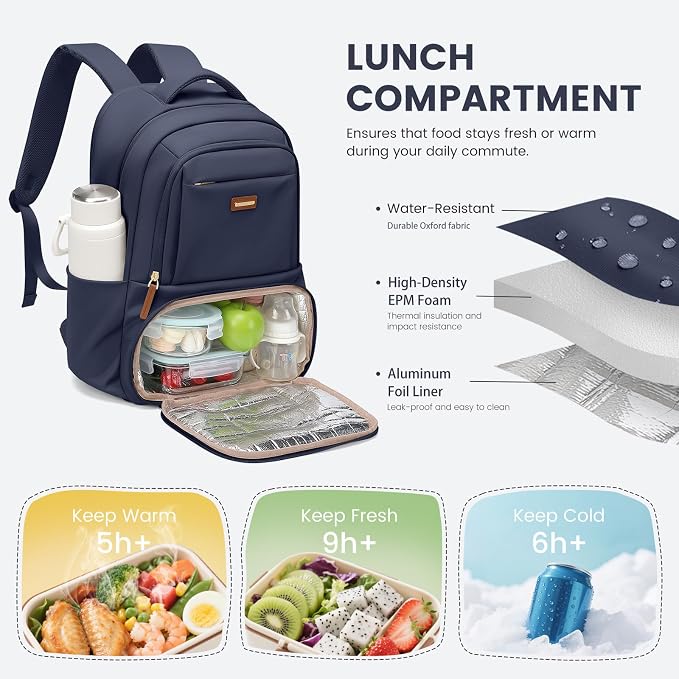 GOLF SUPAGS Lunch Backpack 16 Inch Laptop Backpack with Insulated Cooler Lunch Box Food Bag for College Work Camping Picnics (Navy Blue)