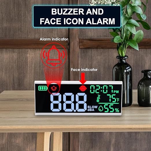 Decibel Meter 13" Sound Decibel Meter Display Time Temperature Humidity, Wall Mounted and Desktop Sound Level Meter with Buzzer Alarm Icons Indicator, Noise Meter for Classroom, Studio, Home, etc.