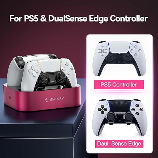 NEWDERY for PS5 Controller Charger Station, Dual Charging Dock for PlayStation 5 DualSense/Edge Controller, Fast Charging Stand with Type-C Cable, Gamer Gift for Women & Girls, Mother's Day