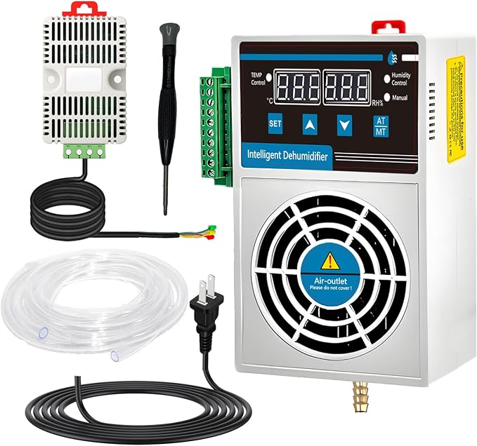 Grow Tent Dehumidifier, Smart Temp and Humidity Controller with External Heating or Cooling Interface, Auto Dehumidification Kit for Safes/Cabinets/Electric Box/Closets, AC/DC 85-265V, Auto Shut Off