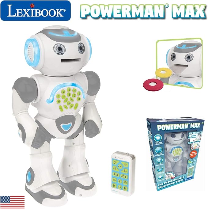 LEXiBOOK Powerman Max, Remote Control Walking Talking Toy Robot STEM Programmable, Dances, Sings, Tells 10,000 Stories, 300+ Learning Quiz, Shooting Discs and Voice Repeat for Kids 4+ ROB80US