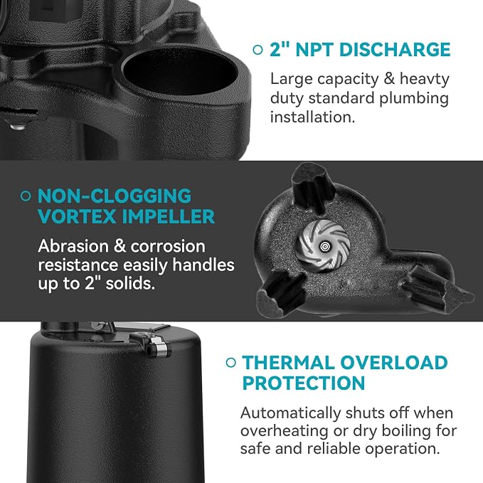 1/2 HP Sewage Pump, Cast Iron Effluent Pump, Automatic Float Switch, Sewage Sump Pump for Sump Basin, Basement, Residential Sewage, 2'' NPT Discharge, Dark Black