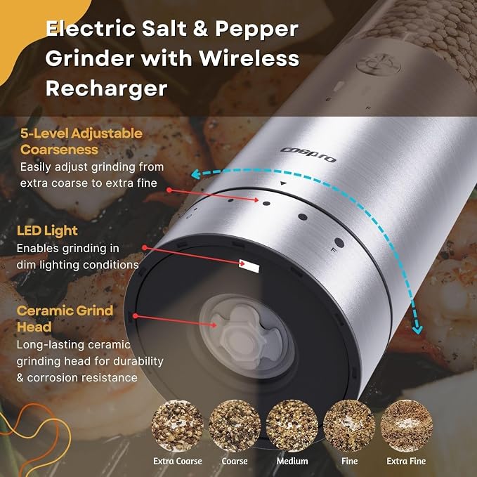 ICE ARMOR Electric Salt and Pepper Grinder, Set of 3 with Wireless Charging Base, Stainless Steel, Rechargeable Automatic Pepper Mill, Adjustable Coarseness, Easy to Use & Clean, Perfect Kitchen Gift