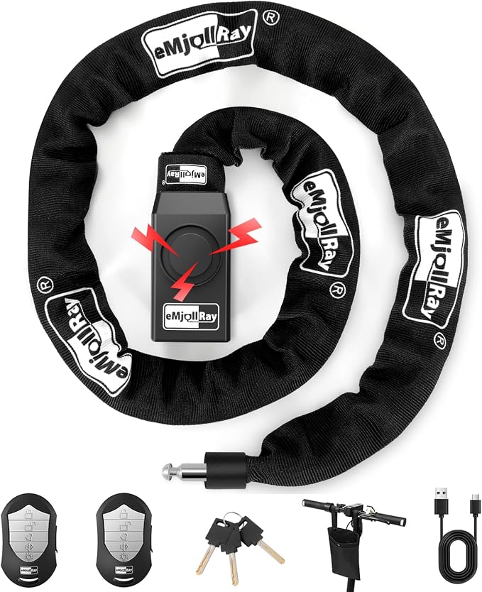 Anti-Theft Bike Alarm Chain Lock,Bike Lock 110dB Security 8mm x 4ft Chain Lock with Key & Remote Control Heavy Duty Steel Rechargeable E-Bike Scooter Bike Lock (Storage Bag Included)