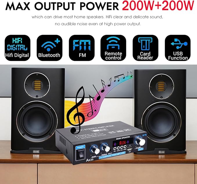 AK35 Stereo Amplifier Home Audio Bluetooth 5.0 Max 200W 2.0 Channel Mini Amplifier Stereo Receivers for Car, Home Party, Audio Amplifier AMP w/USB/TF Card/AUX Input/Bass & Treble Control