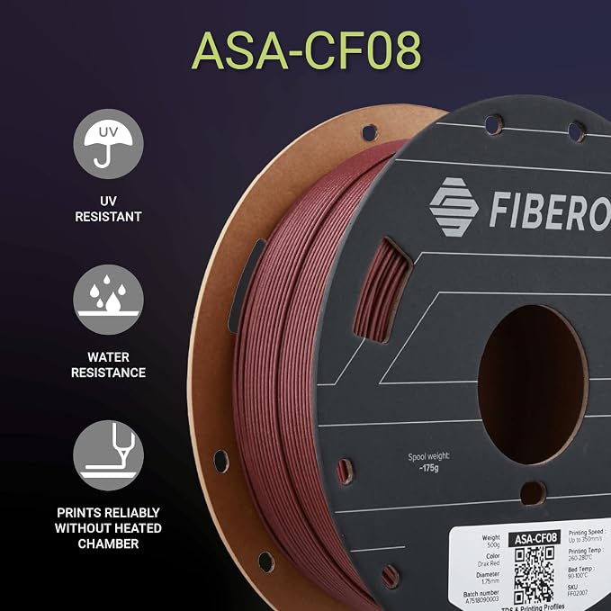 Polymaker Fiberon ASA-CF08 Dark Red Carbon Fiber 3D Printing Filament 1.75mm 0.5KG, UV & Weather Resistant, High Rigidity, Heat Resistant, Easy to Print, Functional Parts & Prototypes
