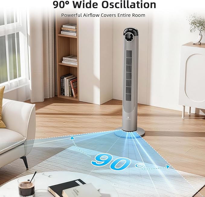 Antarctic Star T42 Tower Fan-42 Inch, Bladeless Oscillating Fan with Remote, 6 Speeds & 4 Modes, LED Display, 9H Timer, Quiet Floor Standing Fan for Bedroom Living Room Office, Grey