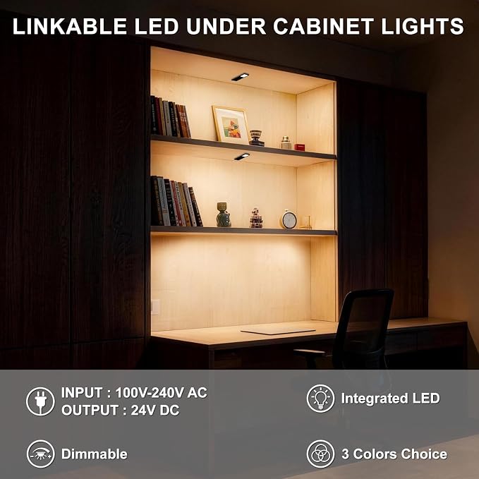 Under Cabinet Lights, 15W Plug in Linkable LED Dimmable Hardwire Under Cabinet Lighting for Counter Closet Bookshelf Shelf, 0.28 inch Ultra Thin, 3000K/4000K/5000K, 3-in-1, Black, ETL