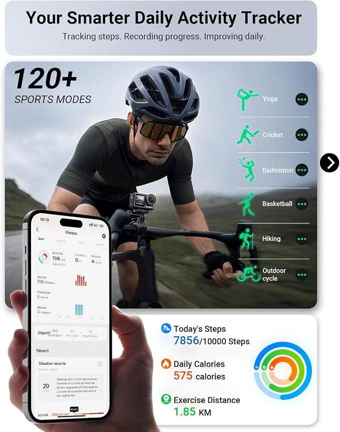 Gydom Smart Watch for Men/Women, 1.85" AMOLED Screen Fitness Watch for iPhone/Android, Activity Tracker with Heart Rate/Sleep/SpO2, Answer/Make Call, 3ATM Waterproof, 120+ Sport Modes, AI Voice, Black