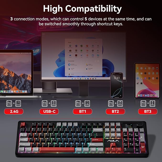 AULA F106 PRO Wireless Mechanical Keyboard, 104 Keys Gaming Keyboard with Knob & Screen, Tri-Mode RGB Hot Swappable Creamy Sounding Computer Keyboards for PC/Laptop/Windows - Black Red
