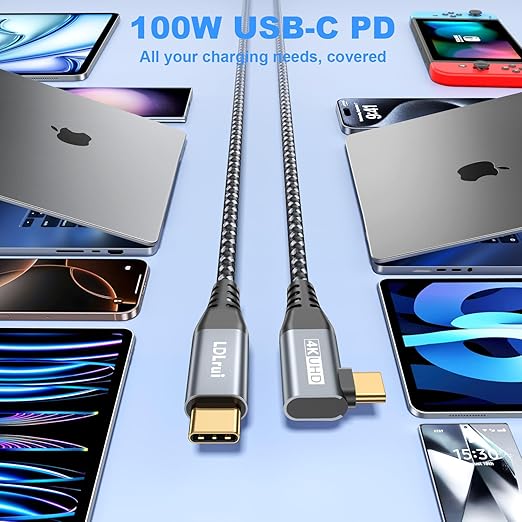 LDLrui USB C Monitor Cable, 4K 60HZ Display, Right Angle 10FT, 20Gbps Data Transfer, 100W Charging, 90 Degree USB 3.2 Gen2x2 Video Cable for MacBook Pro, iPhone17/16, Portable Monitor, Webcam