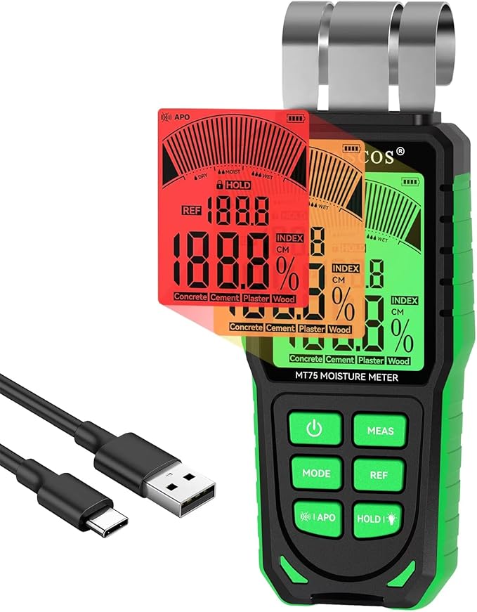 RDINSCOS Pinless Moisture Meter Non-Invasive Digital Moisture Detector | For Wood, Cement, Floors, Drywall, Concrete and Plaster, 40mm Depth, REF Mode, Backlit LCD
