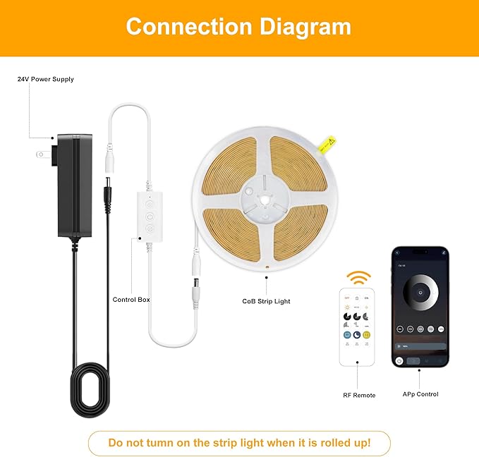 Pandery COB LED Strip Lights Warm White,24V Dimmable led Light Strip KIT with Remote and app Control,3000K 9.84FT/3m 8mm Wide Ra>90 Cuttable Flexible Strip Lights for Bedroom,Wardrobe,Cabinet