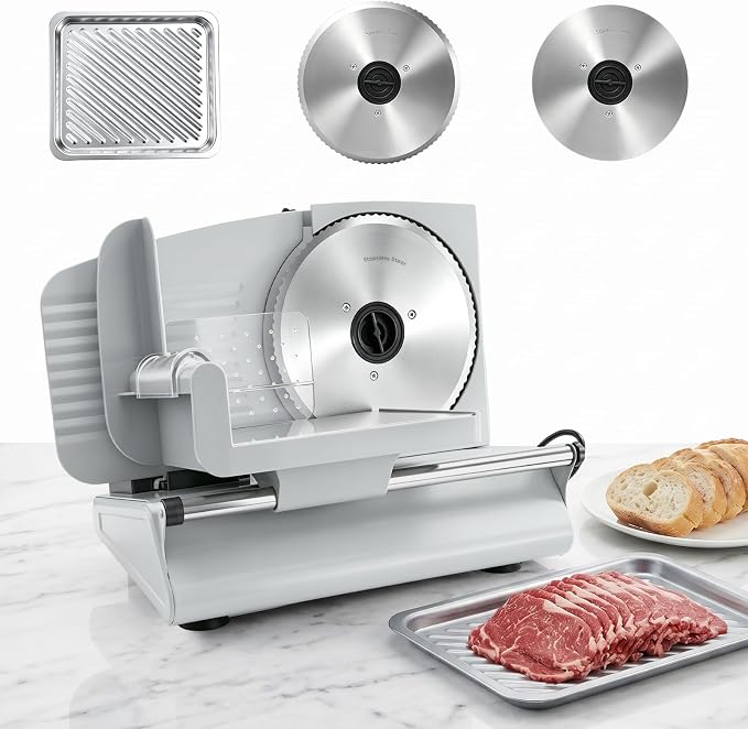 Sakerplus Electric Meat Slicer, 200W Food Slicer Machine with 2 Blades, 0-15mm Adjustable Thickness, Removable Blade, Food Pusher & Safety Guard for Meat, Bread, Vegetables
