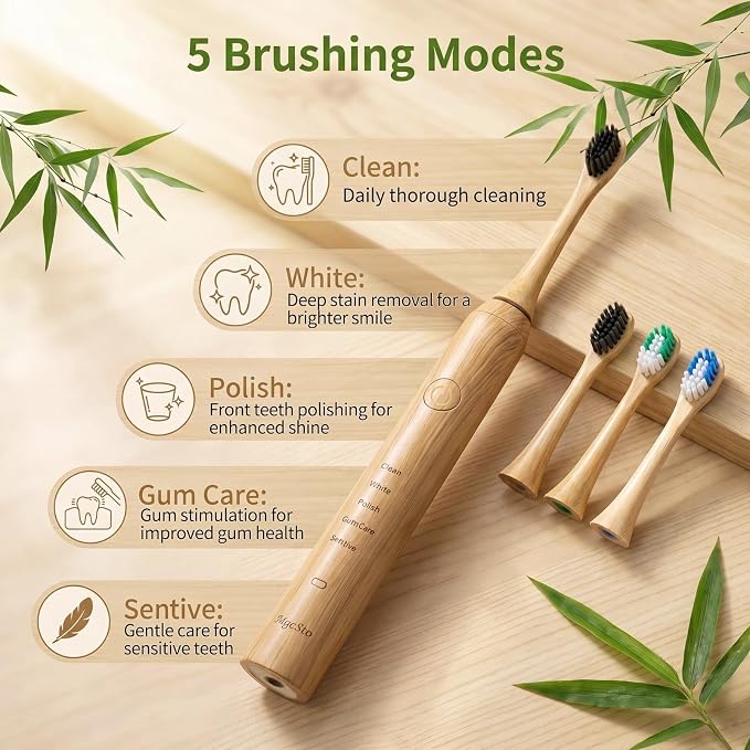 Natural Bamboo Electric Toothbrush for Adults - 4 Pack Bamboo Repalcement Brush Heads| 5 Cleaning Modes Long-Lasting Battery| PX7 Waterproof Rechargeable Toothbrush