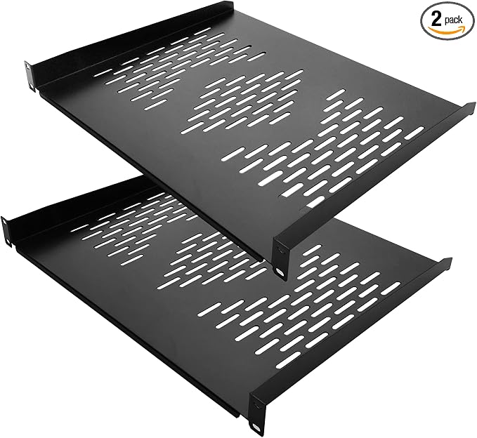 RIVECO 2 PCS 1U Server Rack Shelf 19” Rack-Mount Trays 16 Inches Vented Cantilevers for Server & Network Equipment Mounting, (40 CM) Depth, Black