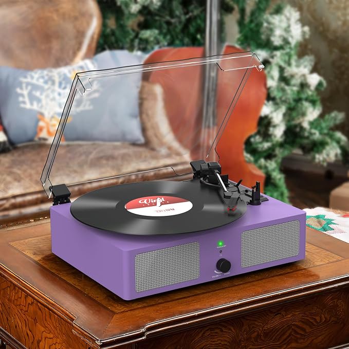 Vinyl Record Player with Built-in Speakers and USB,Belt-Driven Bluetooth Turntable with 3 Speed AUX Input Headphone Jack and RCA Output Vintage Wooden Purple