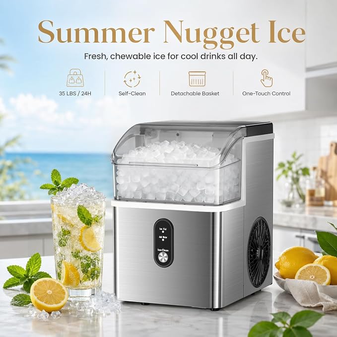 Kismile Nugget Ice Makers Countertop,35Lbs/24H,Portable Sonic Ice Machine with Self-Cleaning,One-Click Operation for Home/Office(Stainless Steels Silver)