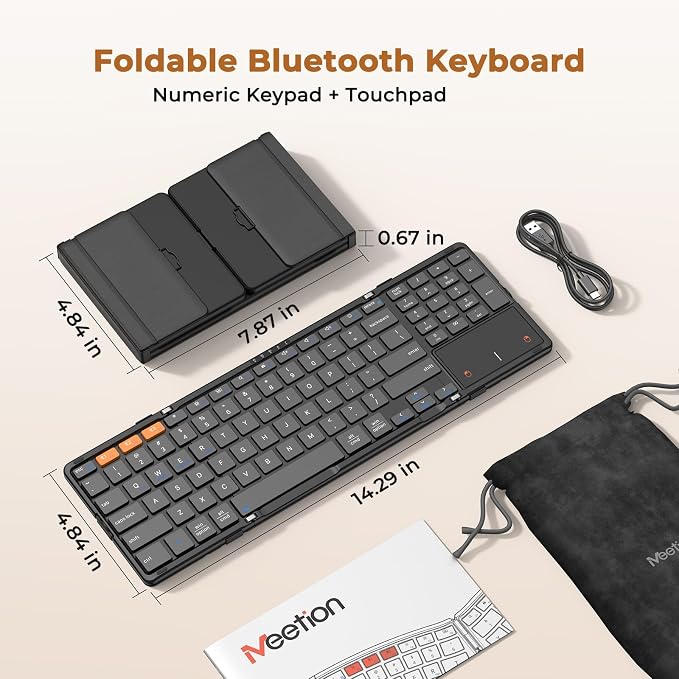 MEETION Bluetooth Foldable Keyboard with Touchpad & Numeric Keypad, Wireless Folding Keyboard, Portable Multi-Device Keyboards, Full-Size Travel Business Design for Windows Mac iOS Android iPad Tablet