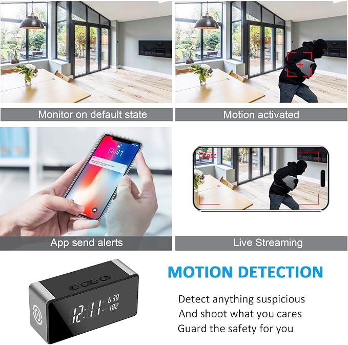 WiFi Hidden Camera Clock - Nanny Cam with 150° Wide-Angle Lens, Night Vision & Motion Detection, Wireless Indoor Hidden Camera for Home Security Monitoring