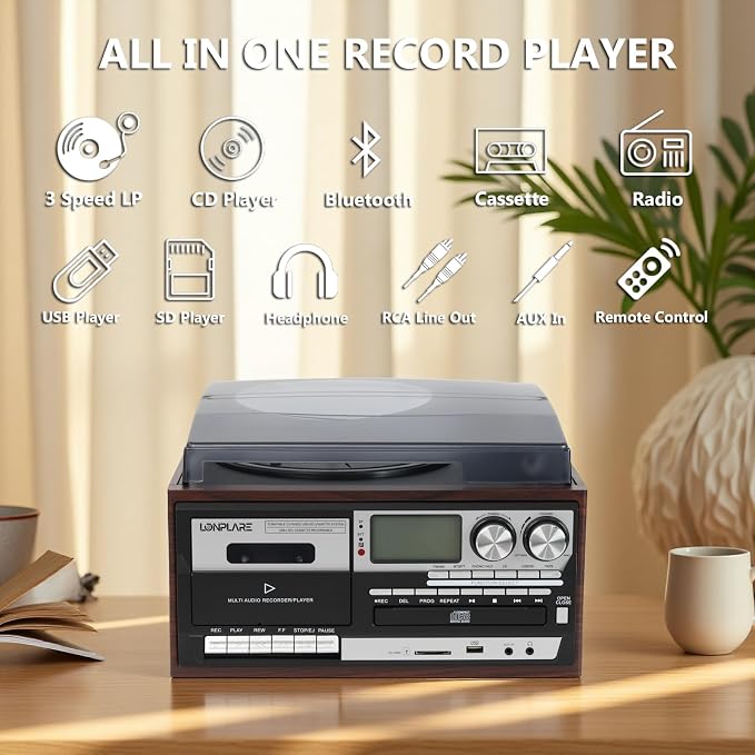 All in One Vintage 3 Speed Vinyl Record Player with Built-in Speakers,Bluetooth in/Out Turntable,CD Player/Cassette/USB/TF Card,AUX in,FM/AM Radio,RCA Out,Recording