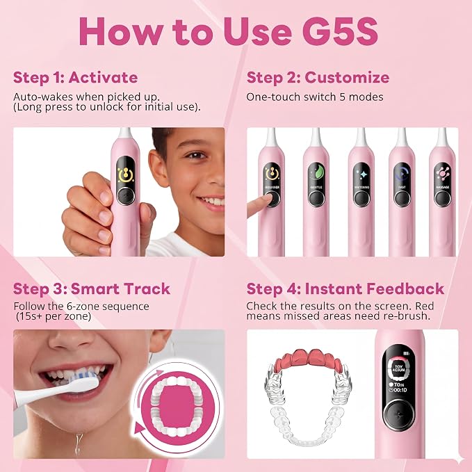SAKYPRORAL Kids Electric Toothbrush for Girls Teens Tween (6-15Y), Smart Screen with Brushing Score, Soft Bristles, Visual Timer for Braces, 150 Days Battery with Travel Case (Pink)