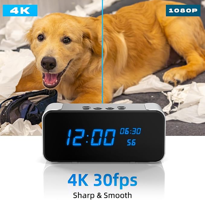 Wireless Indoor Hidden Camera for Home Security 3-in-1 Camera with Clock & Bluetooth Functionality 4K HD Night Vision, Motion Detection, Clock Hidden Camera