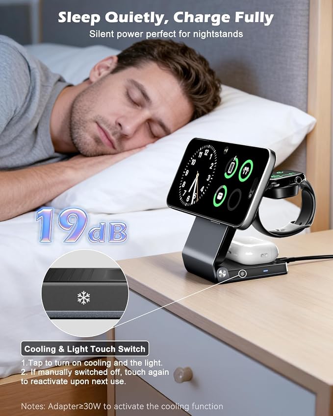 CloudValley 3-in-1 Magnetic Travel Wireless Charging Station, 25W Foldable Charging Stand with TEC Active Cooling Fan, Design for MagSafe iPhone 17/16, AirPods & Apple Watch（Adapter Included