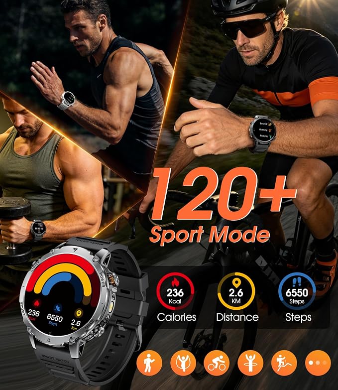 SUNKTA Military Smartwatch for Men with Flashlight,1400mAh Battery Fitness Tracker Smart Watches,1.7" HD Screen 5ATM Waterproof Sport Smart Watch for Android iPhone,Heart Rate/Sleep Monitor(2 Bands)