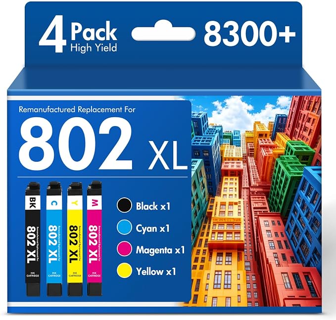 Remanufactured Replacement for 802 XL WF-4730 Ink Cartridges Combo Pack for Epson Printer Workforce Pro WF-4730 WF-4740 WF-4720 EC-4020 EC-4030 WF 4730 4740 (KCMY-4Pack)