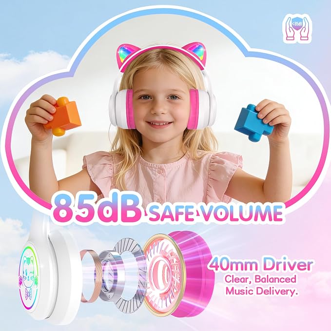 IFECCO Kids Wireless Headphones with Case,Cute LED Light Up Cat Ear Children Girls Bluetooth 6.0 Headphones Volume-limiting for School Travel Gifts