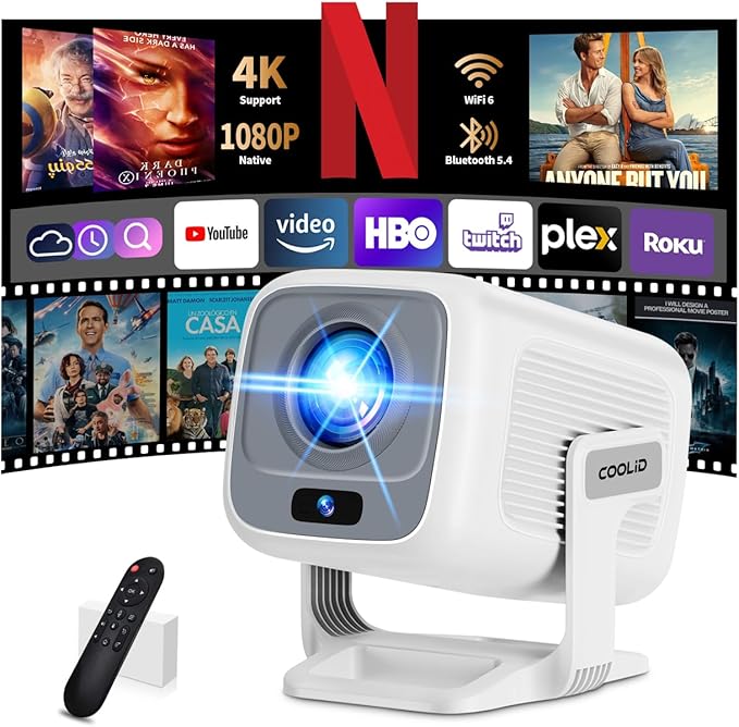[Auto Focus & 2026 Upgraded] Mini Projector 1080P FHD Support 4K Portable Projector with WiFi6 and Bluetooth5.4 Built-in App 180° Adjustable Auto Keystone, Compatible with HDMI/Laptop/USB, White