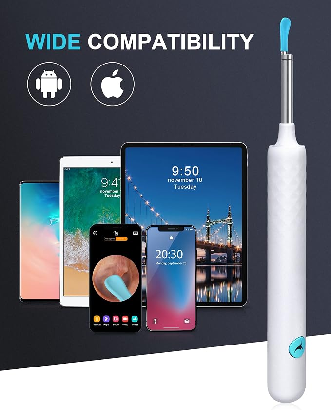 DJROLL Ear Wax Removal Endoscope, Earwax Remover Tool, Ear Camera,1080P FHD Wireless Ear Otoscope with 6 LED Lights,Ear Scope with Ear Wax Cleaner Tool for iPhone, iPad & Android Smart Phones (White)