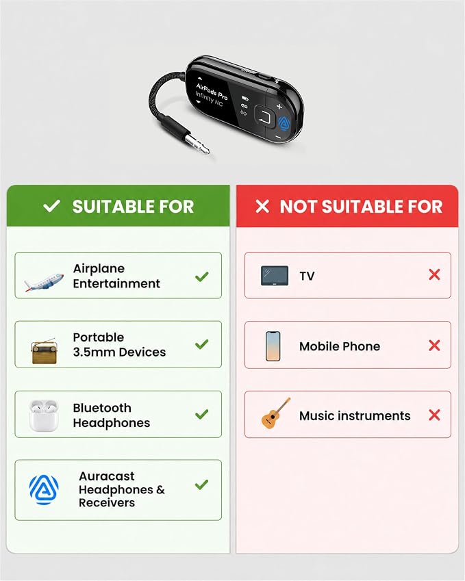 Avantree Voyager – OLED Display & Latest Auracast Bluetooth 5.4 Adapter for Airplane, Qualcomm Chip & aptX Adaptive, Wireless Audio Transmitter for Headphones, AirPods, Travel & Flight