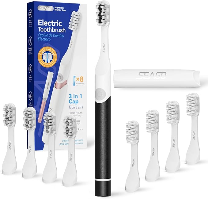 SEAGO Electric Toothbrush for Adults - 3 in 1 Holder with 8 pcs Replaceable Brush Battery Operated Travel Toothbrush kit Portable and 2 Minute Timer(Black, Middle)