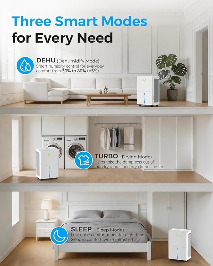 Dehumidifier for Basement with Drain Hose, Dehumidifiers for Home | 30 Pint, 2000 sq ft Coverage, Auto Humidity Control, 24H Timer, Child Lock, Washable Filter, For Bedroom Bathroom, White