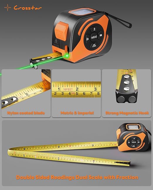 Crosstar 2-in-1 Laser Tape Measure 197ft, 532nm Green Beam, 16ft Manual Tape w/Matte Blade, LCD Display with Tilt Angle, Pythagorean Mode, Magnetic Hook for Construction Woodworking