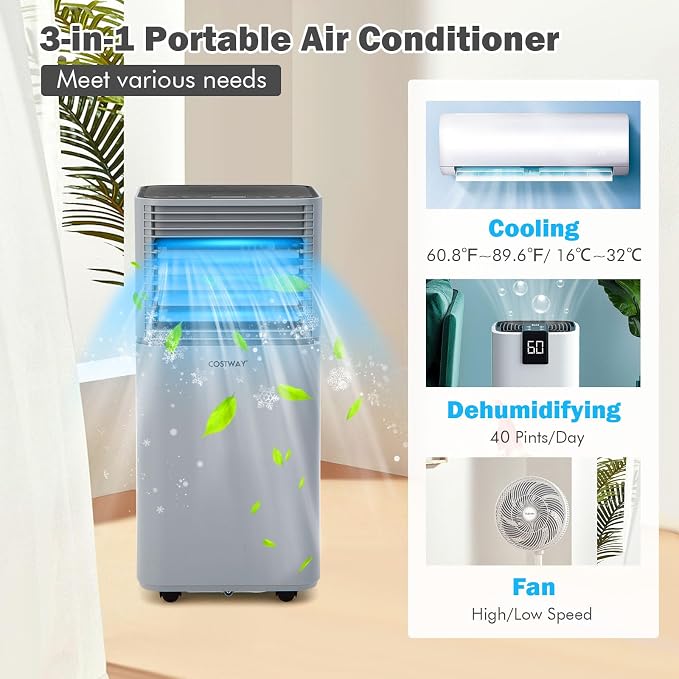 COSTWAY Portable Air Conditioners, 8000 BTU Portable AC Unit with Remote Control, Cooling for Room Spaces up to 230 sq.ft, with Sleep Mode, 24H Timer, Dehumidifier, Fan (8000 BTU, Grey)