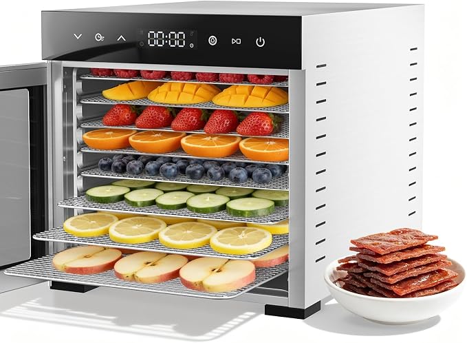 OLIXIS Food Dehydrator Machine, 500W Jerky Dehydrators with 8 Stainless Steel Large Trays, 185°F Temperature Control & 24H Timer Food Dryer for Fruit Meat Herb Dog Treats, Silver