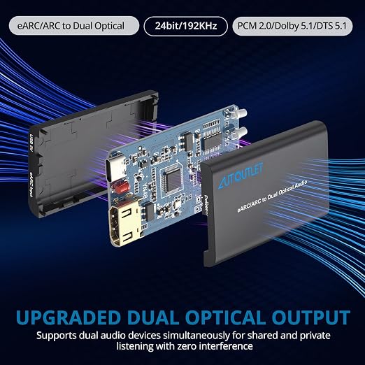 AUTOUTLET HDMI eARC/ARC to Dual Optical Audio Adapter, HDMI ARC to Optical Converter with 2 Toslink SPDIF Outputs for TV Soundbar Wireless Headphones, 192kHz, Dolby DTS 5.1