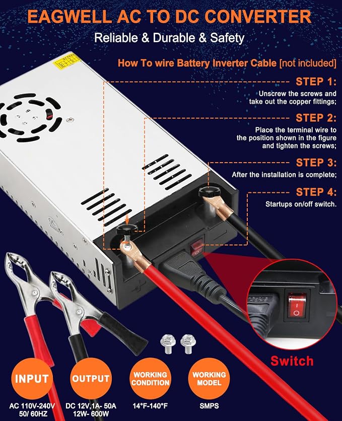 EAGWELL New Version 110V AC to 12V DC Converter 600W Power Supply 50A | Universal SMPS Transformer for RV, Pump, LED Strip, CCTV, Car Stereo,Diesel Heater Power Supply