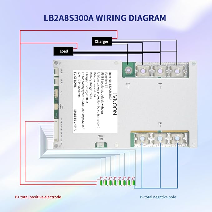 LB2A Smart Active Balancer BMS for Li-ion NCM LFP LiFePo4 LTO Battery Management System 3S 4S 5S 7S 8S 300A with APP Control 12V 24V (3-8S, 300A)